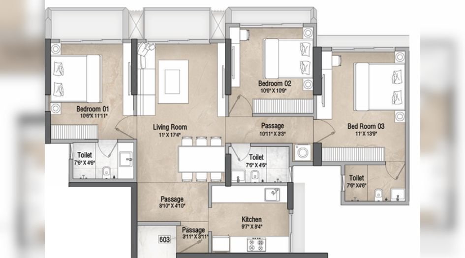 Vascon-Orchid-Floor-Plan-3 BHK-901 Sqft-C-Wing